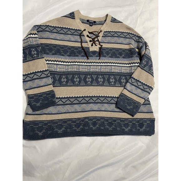 Chaps Ladies Large Sweater Blue  Tan Pullover Striped Neckline Crisscross Tie - Picture 1 of 10